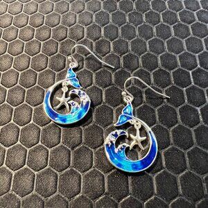 Star Fish and Wave Earrings 18K White Gold Plated
